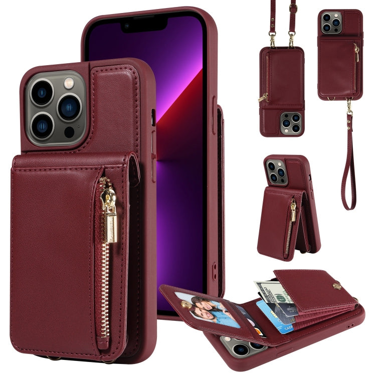 For iPhone 13 Pro Crossbody Lanyard Zipper Wallet Leather Phone Case(Wine Red) - iPhone 13 Pro Cases by buy2fix | Online Shopping UK | buy2fix