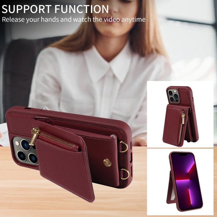 For iPhone 13 Pro Crossbody Lanyard Zipper Wallet Leather Phone Case(Wine Red) - iPhone 13 Pro Cases by buy2fix | Online Shopping UK | buy2fix