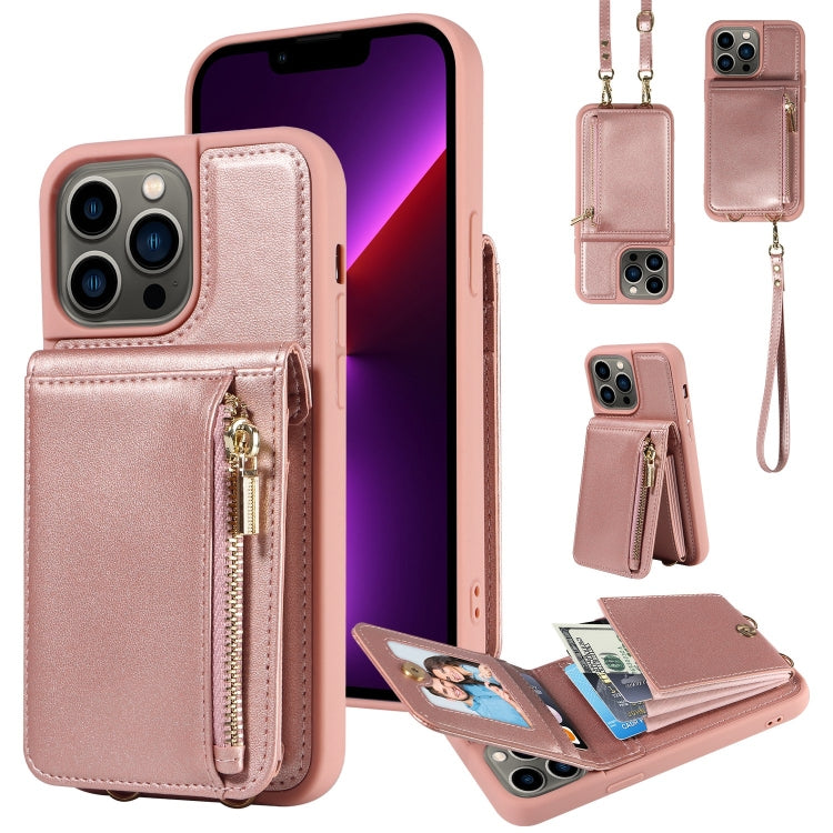 For iPhone 13 Pro Crossbody Lanyard Zipper Wallet Leather Phone Case(Rose Gold) - iPhone 13 Pro Cases by buy2fix | Online Shopping UK | buy2fix