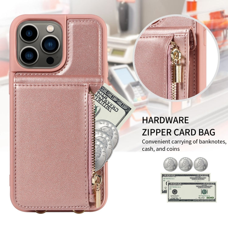 For iPhone 13 Pro Crossbody Lanyard Zipper Wallet Leather Phone Case(Rose Gold) - iPhone 13 Pro Cases by buy2fix | Online Shopping UK | buy2fix
