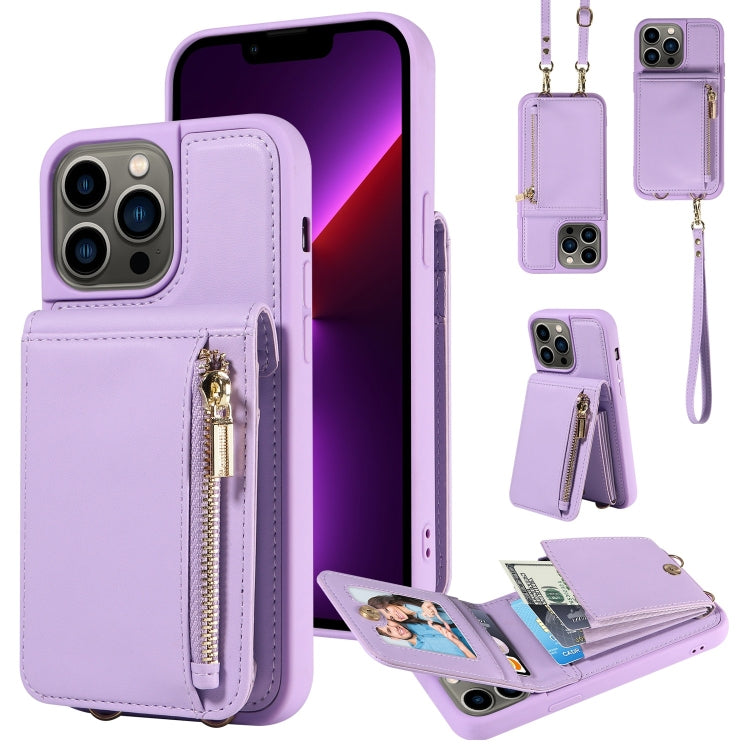 For iPhone 13 Pro Crossbody Lanyard Zipper Wallet Leather Phone Case(Purple) - iPhone 13 Pro Cases by buy2fix | Online Shopping UK | buy2fix