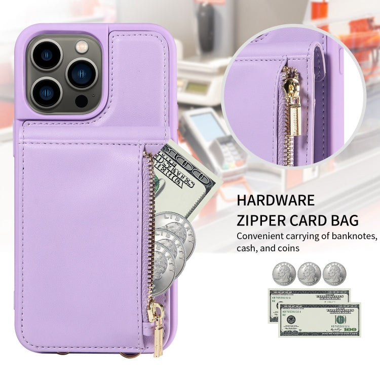 For iPhone 13 Pro Crossbody Lanyard Zipper Wallet Leather Phone Case(Purple) - iPhone 13 Pro Cases by buy2fix | Online Shopping UK | buy2fix