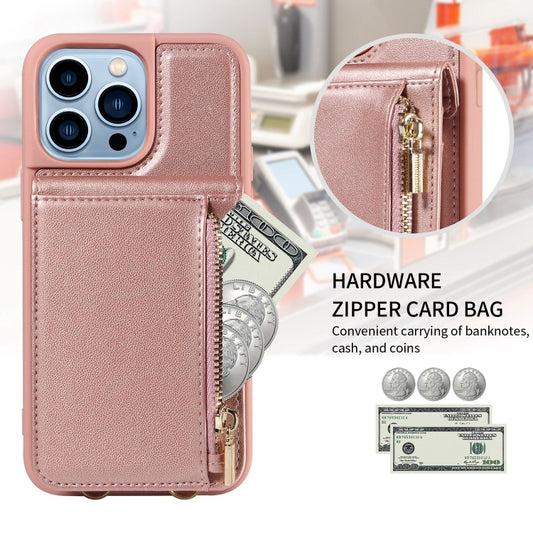 For iPhone 13 Pro Max Crossbody Lanyard Zipper Wallet Leather Phone Case(Rose Gold) - iPhone 13 Pro Max Cases by buy2fix | Online Shopping UK | buy2fix
