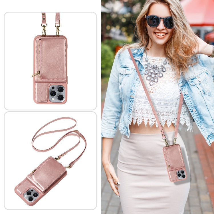 For iPhone 13 Pro Max Crossbody Lanyard Zipper Wallet Leather Phone Case(Rose Gold) - iPhone 13 Pro Max Cases by buy2fix | Online Shopping UK | buy2fix