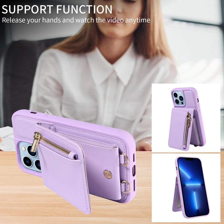 For iPhone 13 Pro Max Crossbody Lanyard Zipper Wallet Leather Phone Case(Purple) - iPhone 13 Pro Max Cases by buy2fix | Online Shopping UK | buy2fix