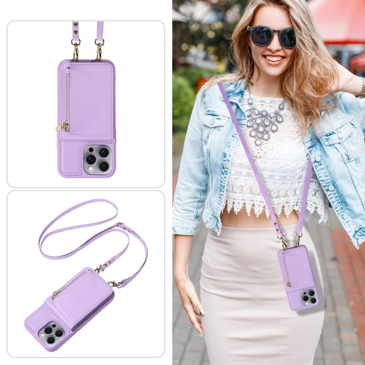 For iPhone 13 Pro Max Crossbody Lanyard Zipper Wallet Leather Phone Case(Purple) - iPhone 13 Pro Max Cases by buy2fix | Online Shopping UK | buy2fix