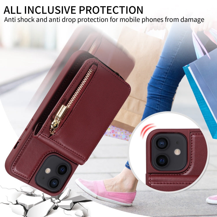 For iPhone 12 / 12 Pro Crossbody Lanyard Zipper Wallet Leather Phone Case(Wine Red) - iPhone 12 / 12 Pro Cases by buy2fix | Online Shopping UK | buy2fix