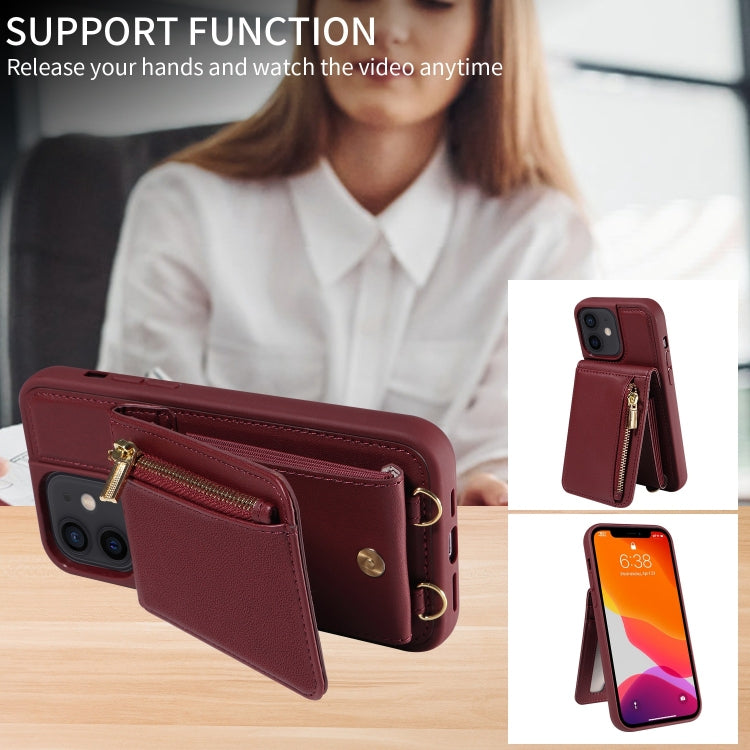 For iPhone 12 / 12 Pro Crossbody Lanyard Zipper Wallet Leather Phone Case(Wine Red) - iPhone 12 / 12 Pro Cases by buy2fix | Online Shopping UK | buy2fix