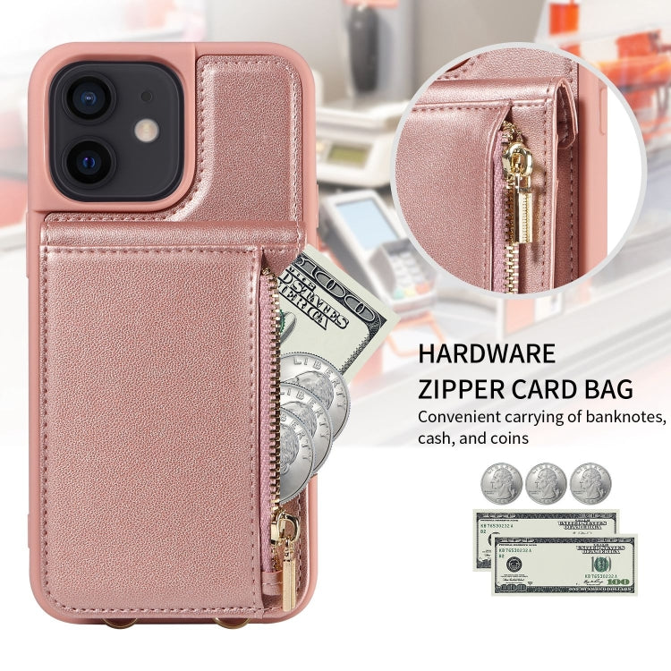 For iPhone 12 / 12 Pro Crossbody Lanyard Zipper Wallet Leather Phone Case(Rose Gold) - iPhone 12 / 12 Pro Cases by buy2fix | Online Shopping UK | buy2fix