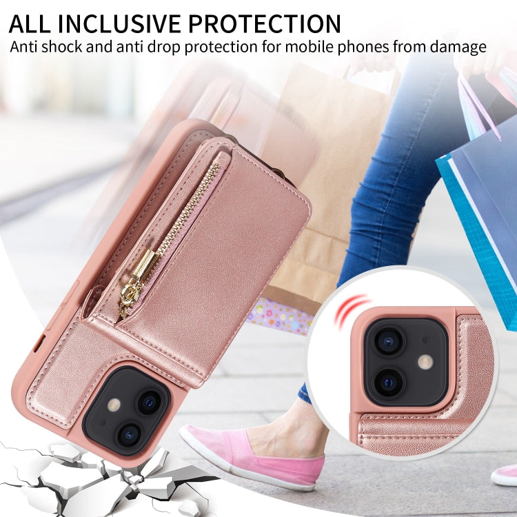 For iPhone 12 / 12 Pro Crossbody Lanyard Zipper Wallet Leather Phone Case(Rose Gold) - iPhone 12 / 12 Pro Cases by buy2fix | Online Shopping UK | buy2fix