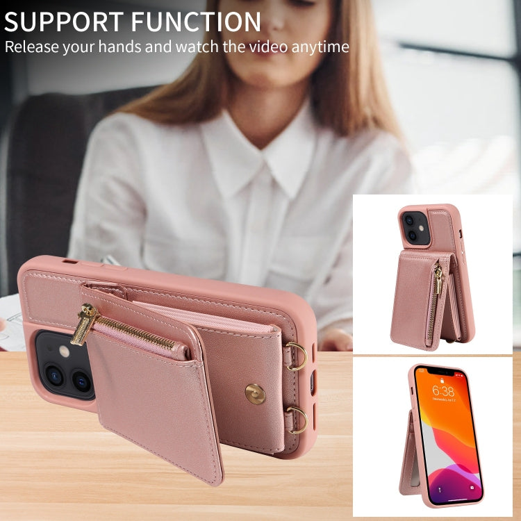 For iPhone 12 / 12 Pro Crossbody Lanyard Zipper Wallet Leather Phone Case(Rose Gold) - iPhone 12 / 12 Pro Cases by buy2fix | Online Shopping UK | buy2fix