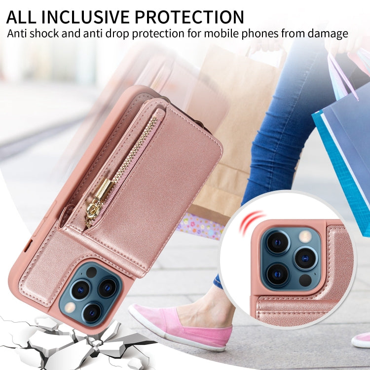 For iPhone 12 Pro Max Crossbody Lanyard Zipper Wallet Leather Phone Case(Rose Gold) - iPhone 12 Pro Max Cases by buy2fix | Online Shopping UK | buy2fix