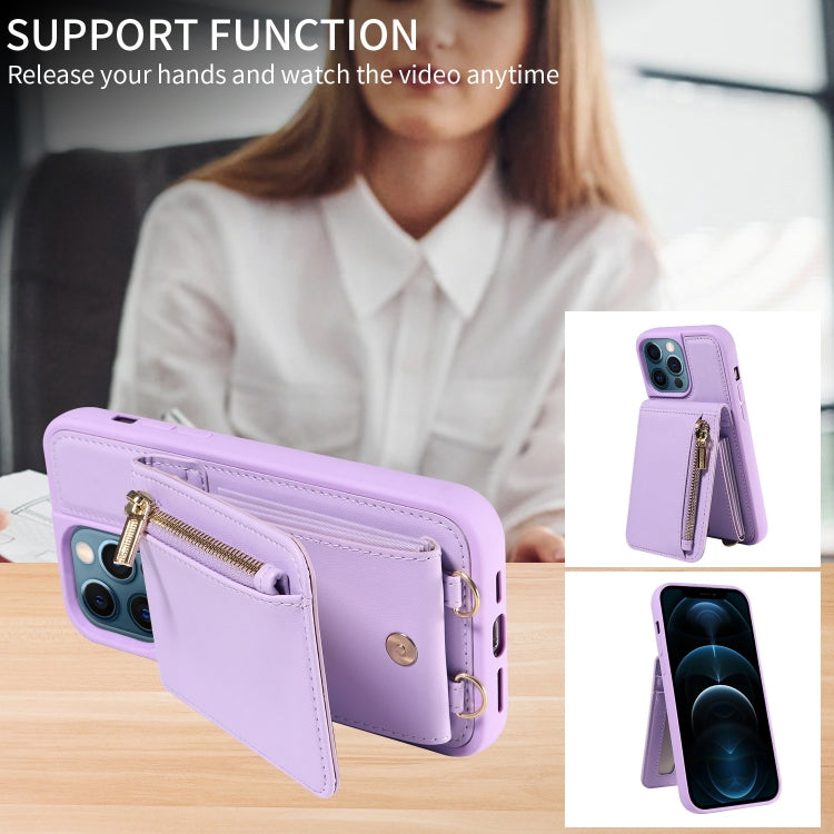 For iPhone 12 Pro Max Crossbody Lanyard Zipper Wallet Leather Phone Case(Purple) - iPhone 12 Pro Max Cases by buy2fix | Online Shopping UK | buy2fix