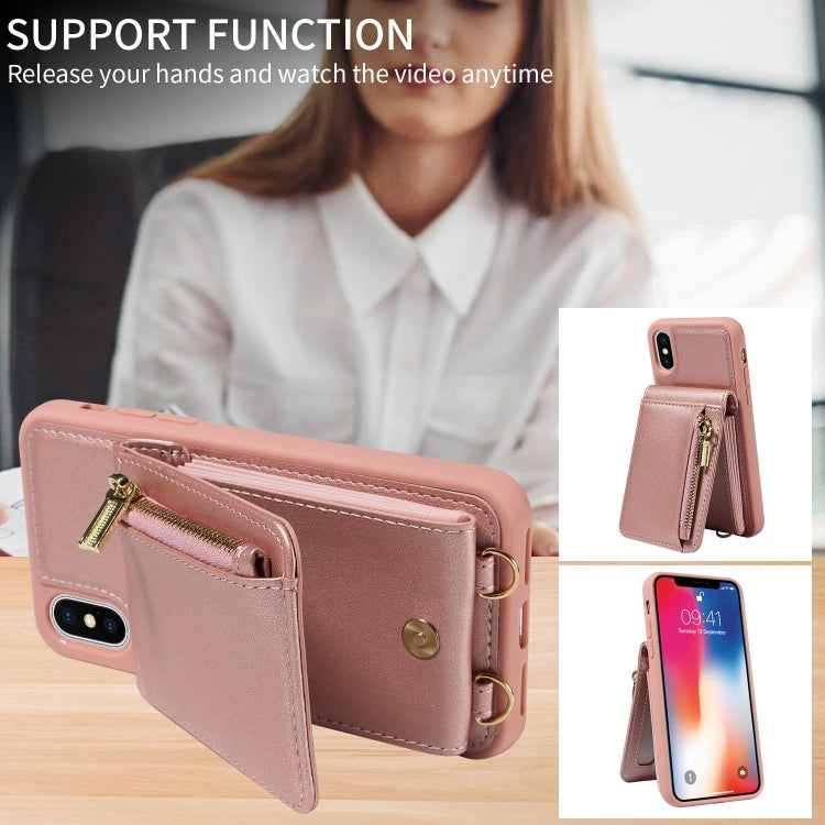 For iPhone X / XS Crossbody Lanyard Zipper Wallet Leather Phone Case(Rose Gold) - More iPhone Cases by buy2fix | Online Shopping UK | buy2fix