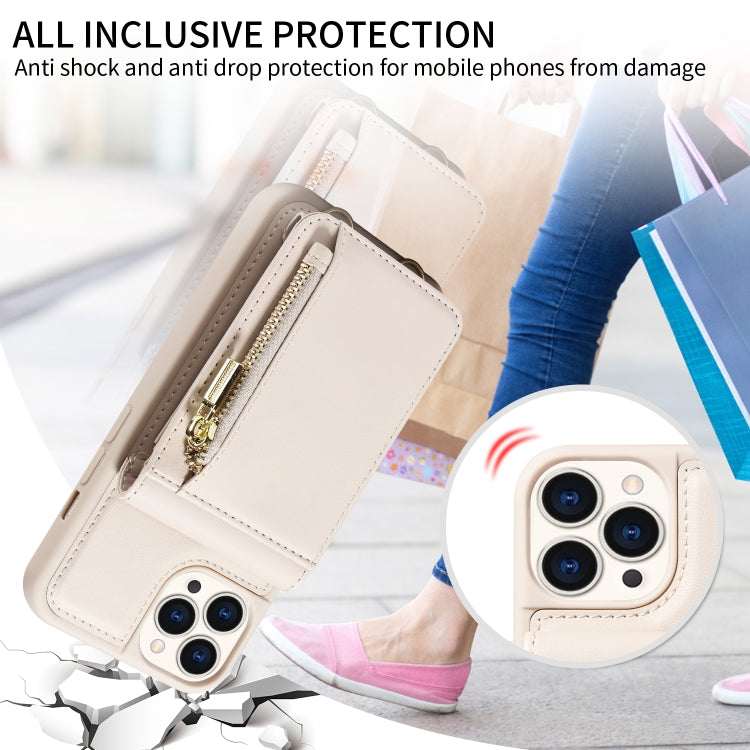 For iPhone 15 Pro Crossbody Lanyard Zipper Wallet Leather Phone Case(Beige) - iPhone 15 Pro Cases by buy2fix | Online Shopping UK | buy2fix