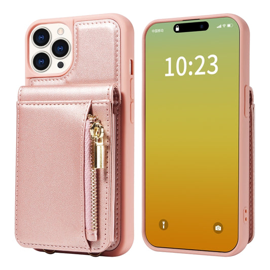 For iPhone 15 Pro Crossbody Lanyard Zipper Wallet Leather Phone Case(Rose Gold) - iPhone 15 Pro Cases by buy2fix | Online Shopping UK | buy2fix