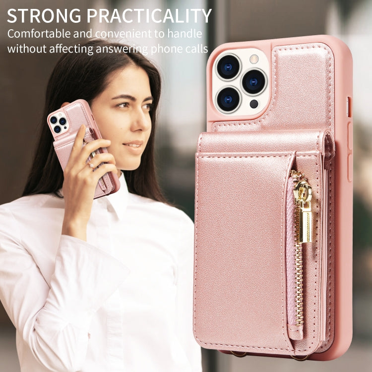 For iPhone 15 Pro Crossbody Lanyard Zipper Wallet Leather Phone Case(Rose Gold) - iPhone 15 Pro Cases by buy2fix | Online Shopping UK | buy2fix