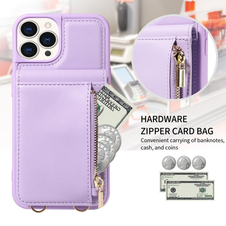For iPhone 15 Pro Crossbody Lanyard Zipper Wallet Leather Phone Case(Purple) - iPhone 15 Pro Cases by buy2fix | Online Shopping UK | buy2fix