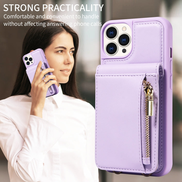 For iPhone 15 Pro Crossbody Lanyard Zipper Wallet Leather Phone Case(Purple) - iPhone 15 Pro Cases by buy2fix | Online Shopping UK | buy2fix