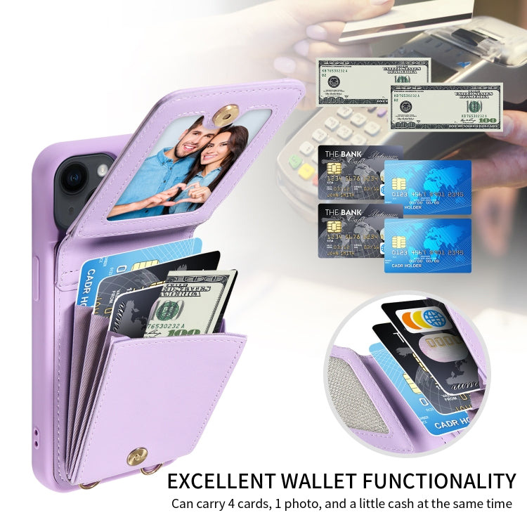 For iPhone 15 Crossbody Lanyard Zipper Wallet Leather Phone Case(Purple) - iPhone 15 Cases by buy2fix | Online Shopping UK | buy2fix