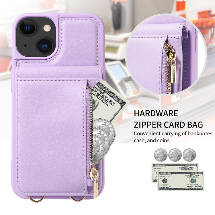 For iPhone 15 Crossbody Lanyard Zipper Wallet Leather Phone Case(Purple) - iPhone 15 Cases by buy2fix | Online Shopping UK | buy2fix