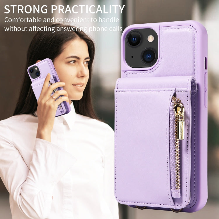 For iPhone 15 Crossbody Lanyard Zipper Wallet Leather Phone Case(Purple) - iPhone 15 Cases by buy2fix | Online Shopping UK | buy2fix