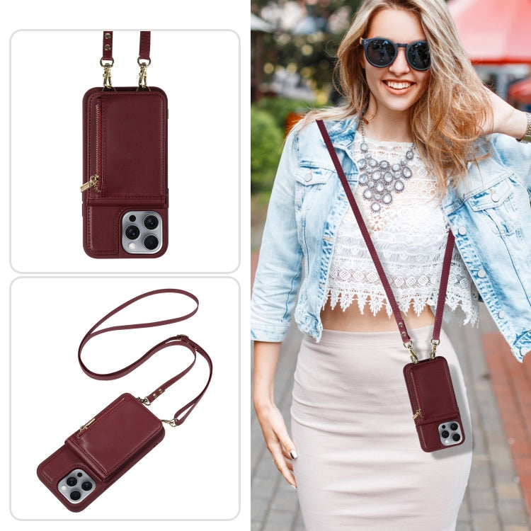 For iPhone 16 Pro Max Crossbody Lanyard Zipper Wallet Leather Phone Case(Wine Red) by buy2fix
