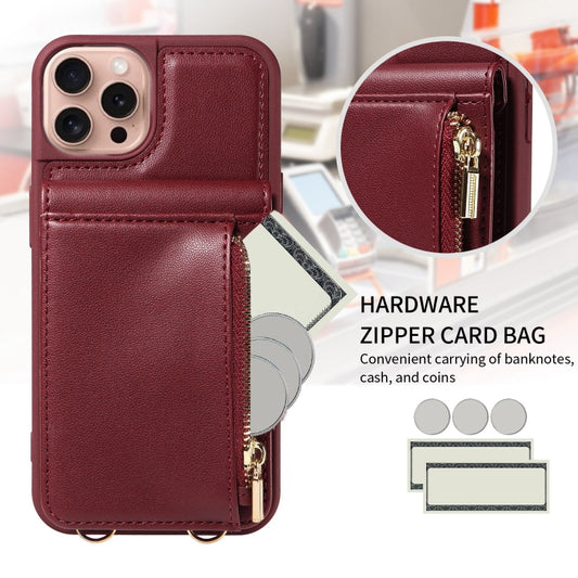 For iPhone 16 Pro Crossbody Lanyard Zipper Wallet Leather Phone Case(Wine Red) by buy2fix
