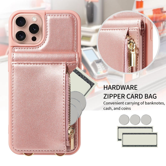 For iPhone 16 Pro Crossbody Lanyard Zipper Wallet Leather Phone Case(Rose Gold) by buy2fix