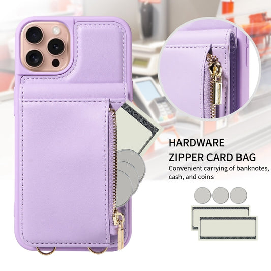 For iPhone 16 Pro Crossbody Lanyard Zipper Wallet Leather Phone Case(Purple) by buy2fix