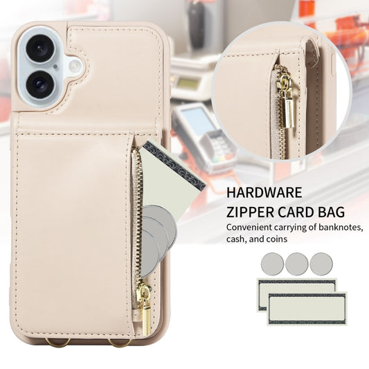 For iPhone 16 Plus Crossbody Lanyard Zipper Wallet Leather Phone Case(Beige) by buy2fix