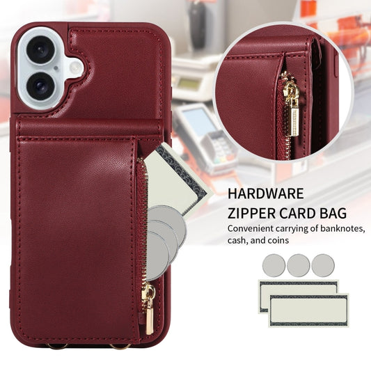 For iPhone 16 Plus Crossbody Lanyard Zipper Wallet Leather Phone Case(Wine Red) by buy2fix