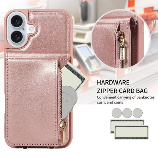 For iPhone 16 Plus Crossbody Lanyard Zipper Wallet Leather Phone Case(Rose Gold) by buy2fix