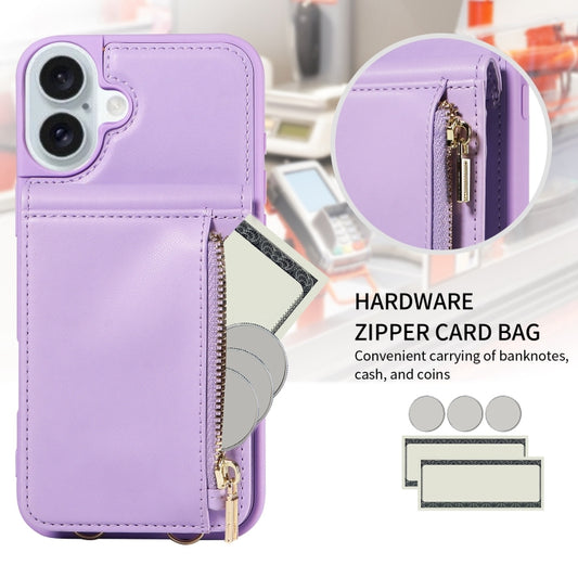 For iPhone 16 Plus Crossbody Lanyard Zipper Wallet Leather Phone Case(Purple) by buy2fix