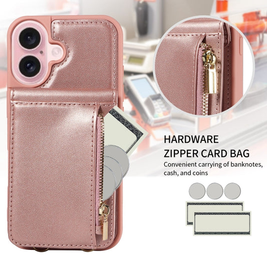 For iPhone 16 Crossbody Lanyard Zipper Wallet Leather Phone Case(Rose Gold) by buy2fix