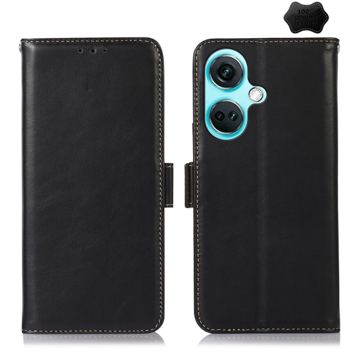 For OnePlus Nord CE3 5G Magnetic Crazy Horse Texture Genuine Leather RFID Phone Case(Black) - OnePlus Cases by buy2fix | Online Shopping UK | buy2fix