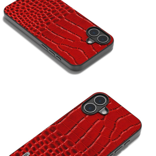 For iPhone 16 ABEEL Genuine Leather Crocodile Pattern Black Edge Phone Case(Red) by buy2fix