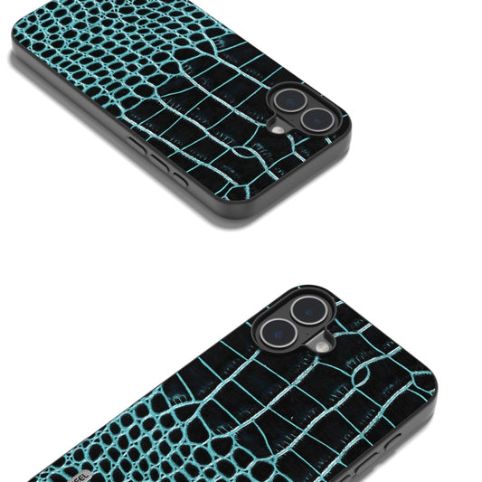 For iPhone 16 Plus ABEEL Genuine Leather Crocodile Pattern Black Edge Phone Case(Blue) by buy2fix