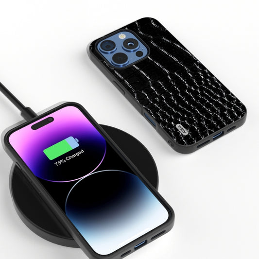 For iPhone 16 Pro Max ABEEL Genuine Leather Crocodile Pattern Black Edge Phone Case(Black) by buy2fix