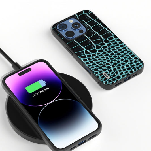 For iPhone 16 Pro Max ABEEL Genuine Leather Crocodile Pattern Black Edge Phone Case(Blue) by buy2fix