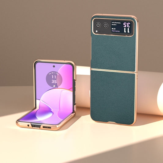 For Motorola Razr 40 Nano Plating Genuine Leather Luolai Series Phone Case(Dark Green) by buy2fix