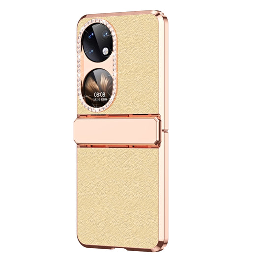 For Huawei P50 Pocket Plated Plain Leather Folding Phone Case with Hinge(Gold) - Huawei Cases by buy2fix | Online Shopping UK | buy2fix