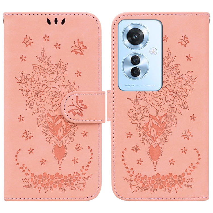 For OPPO Reno11 F Global Butterfly Rose Embossed Leather Phone Case(Pink) - OPPO Cases by buy2fix | Online Shopping UK | buy2fix