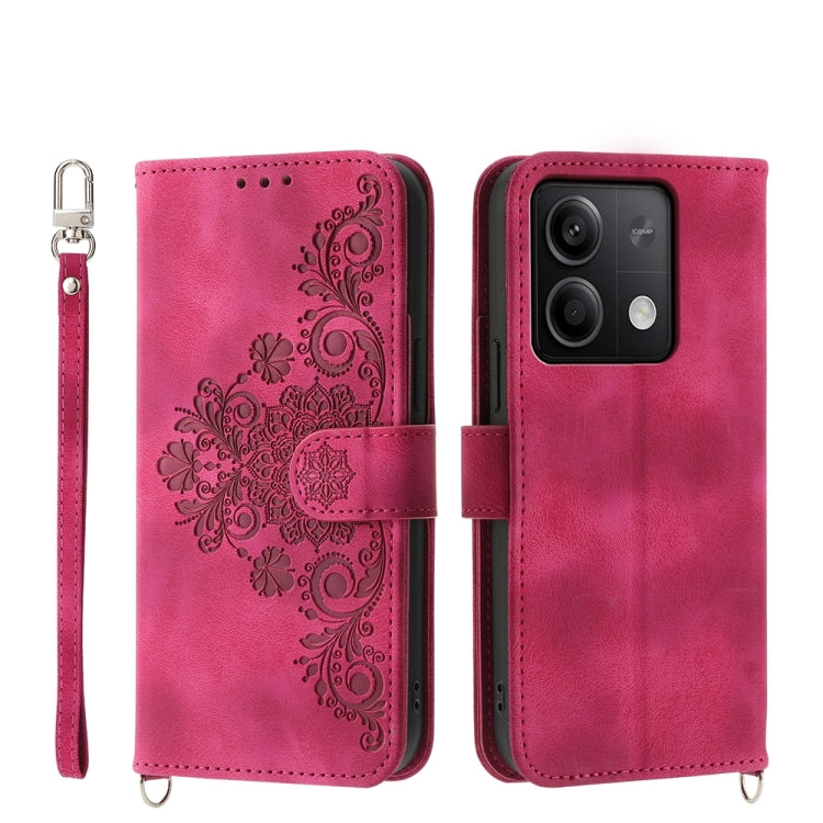 For Xiaomi Redmi Note 13 5G Skin-feel Flowers Embossed Wallet Leather Phone Case(Wine Red) - Xiaomi Cases by buy2fix | Online Shopping UK | buy2fix