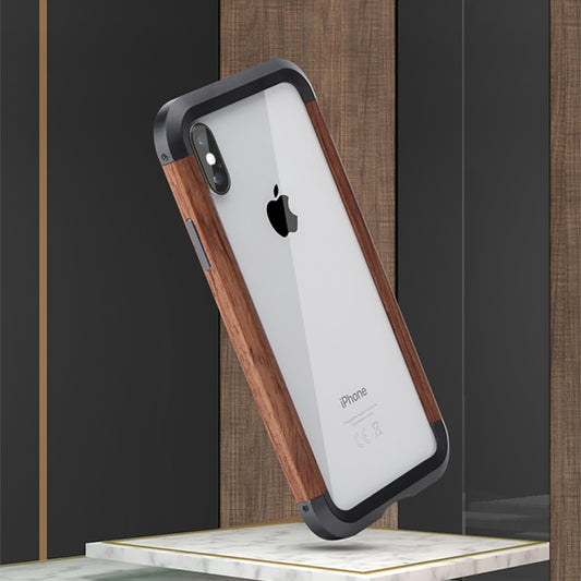 For iPhone X / XS R-JUST Metal + Wood Frame Protective Case by R-JUST