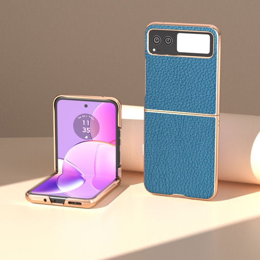 For Motorola Razr 40 Nano Electroplating Genuine Leather Litchi Texture Phone Case(Blue) by buy2fix