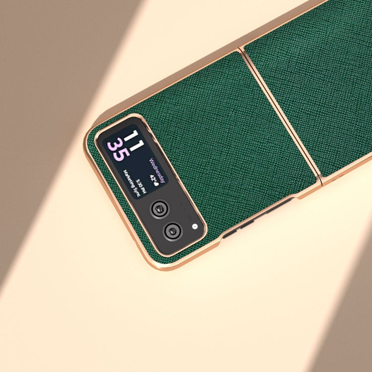 For Motorola Razr 40 Nano Electroplating Cross Texture Genuine Leather Phone Case(Green) - Motorola Cases by buy2fix | Online Shopping UK | buy2fix