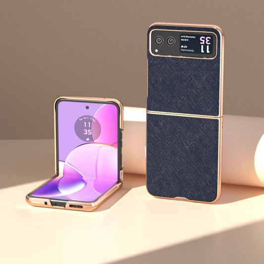 For Motorola Razr 40 Nano Electroplating Cross Texture Genuine Leather Phone Case(Blue) by buy2fix