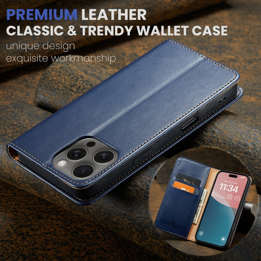 For iPhone 16 Pro Fierre Shann PU Genuine Leather Texture Phone Case(Blue) by FIERRE SHANN