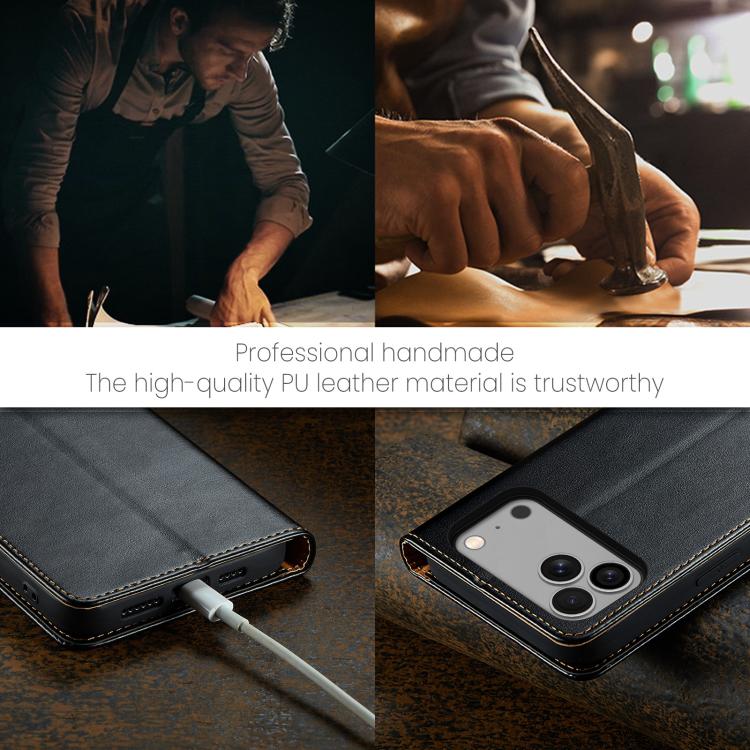 For iPhone 17 Pro Fierre Shann PU Genuine Leather Texture Phone Case(Black) - iPhone 17 Pro Cases by FIERRE SHANN | Online Shopping UK | buy2fix